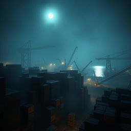 A foggy harbor at night, illuminated by the dim glow of distant lights and moonlight reflecting off the water