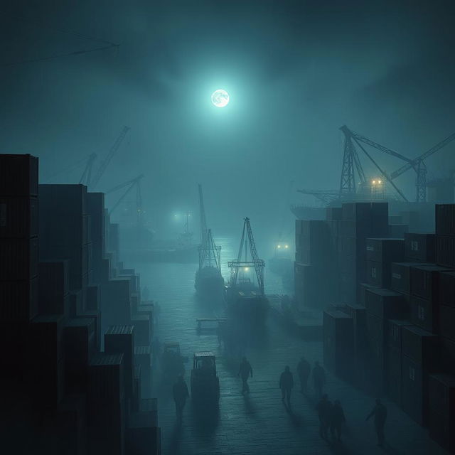 A foggy harbor at night, illuminated by the dim glow of distant lights and moonlight reflecting off the water