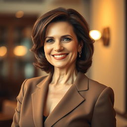 A 60-year-old brunette woman exuding elegance, showcasing graceful curves