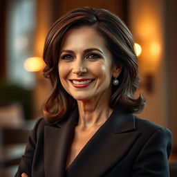 A 60-year-old brunette woman exuding elegance, showcasing graceful curves