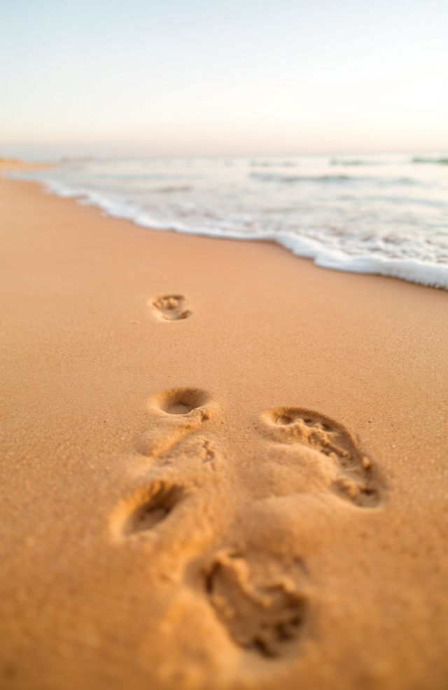 A close-up view of female footprints imprinted on a sandy beach, leading towards the ocean