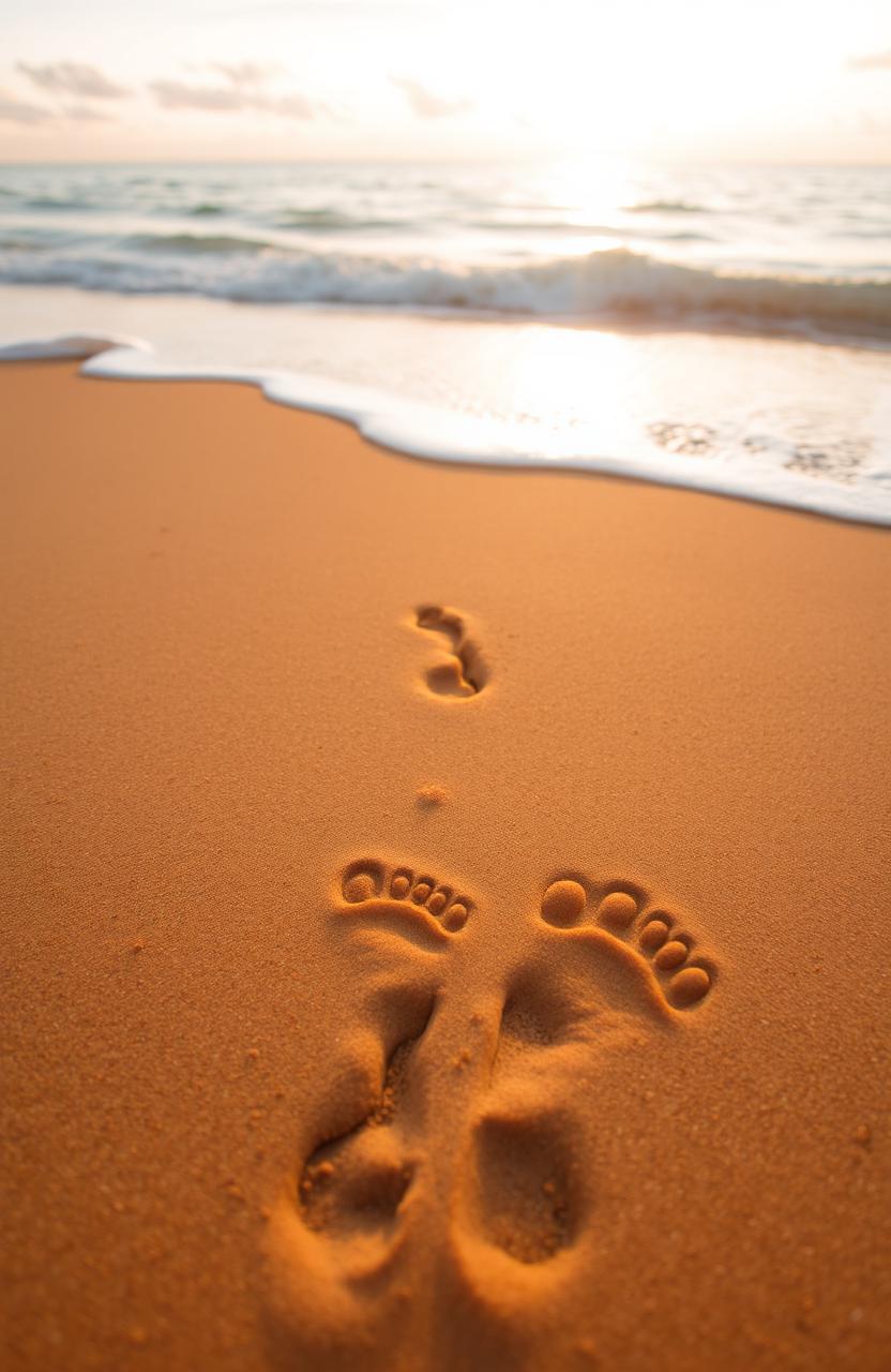 A close-up view of female footprints imprinted on a sandy beach, leading towards the ocean