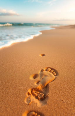 A close-up view of female footprints imprinted on a sandy beach, leading towards the ocean