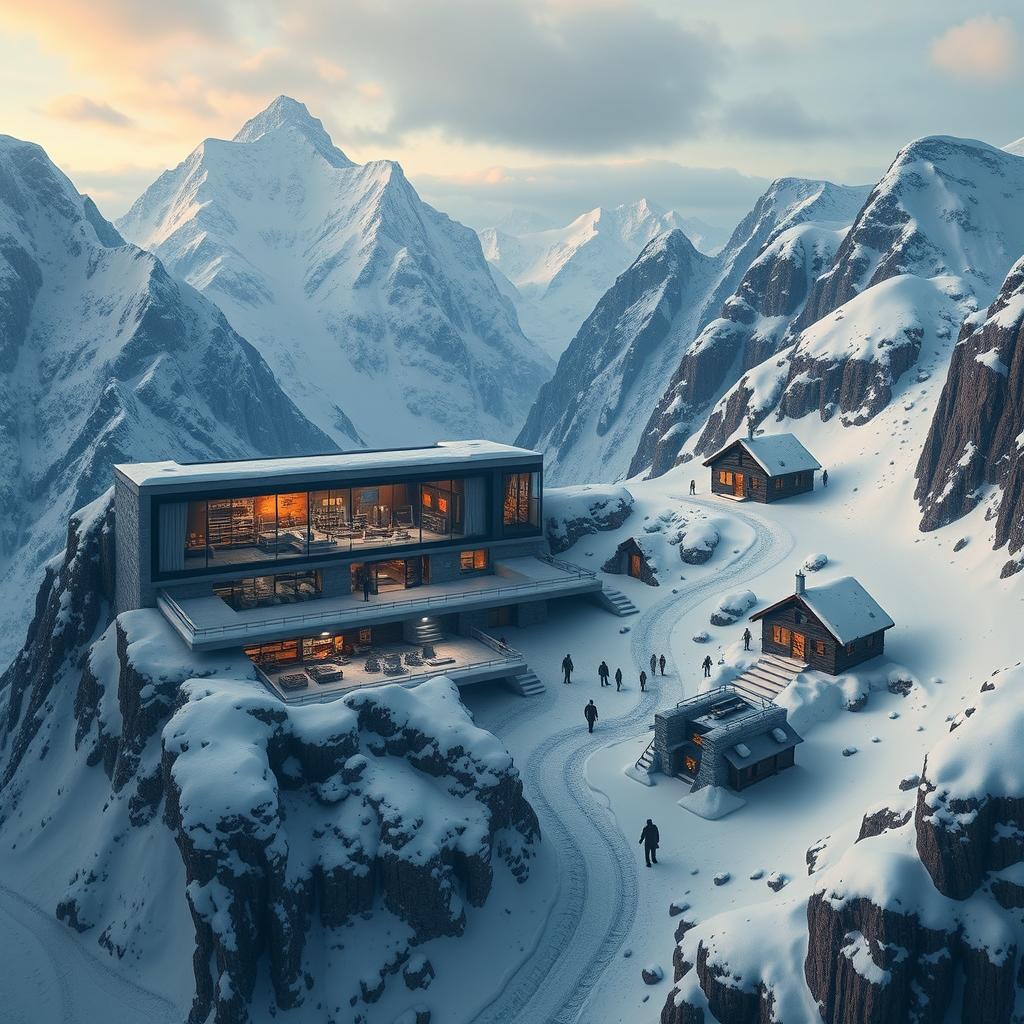 A high-altitude science lab hidden amidst towering, snow-covered mountains, depicting a scene where a virus experiment has gone horribly wrong