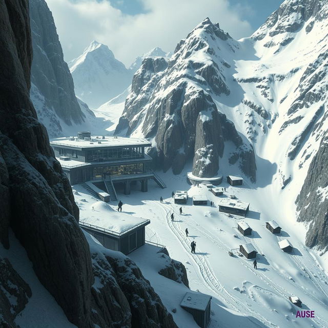 A high-altitude science lab hidden amidst towering, snow-covered mountains, depicting a scene where a virus experiment has gone horribly wrong