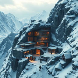 A high-altitude science lab hidden amidst towering, snow-covered mountains, depicting a scene where a virus experiment has gone horribly wrong