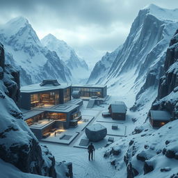A high-altitude science lab hidden amidst towering, snow-covered mountains, depicting a scene where a virus experiment has gone horribly wrong