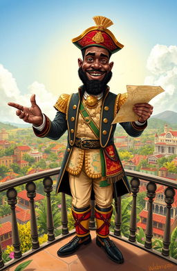 A powerful and imposing caricature of Wabrizzo, a fictional black colonizer, dressed in elaborate colonial attire that blends traditional African and European styles