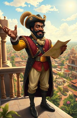 A powerful and imposing caricature of Wabrizzo, a fictional black colonizer, dressed in elaborate colonial attire that blends traditional African and European styles