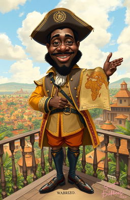 A powerful and imposing caricature of Wabrizzo, a fictional black colonizer, dressed in elaborate colonial attire that blends traditional African and European styles