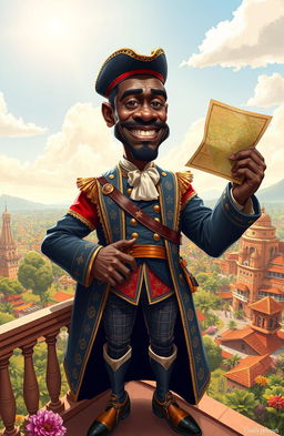 A powerful and imposing caricature of Wabrizzo, a fictional black colonizer, dressed in elaborate colonial attire that blends traditional African and European styles