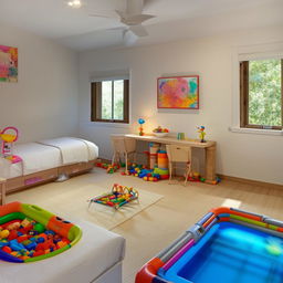 A spacious, well-lit bedroom featuring an enticing kids' play area equipped with a small swimming pool intended for two children, filled with safe, colorful water toys.