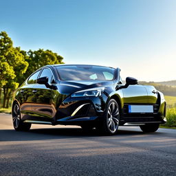 A stunning black 2018 Peugeot 508 GT, parked on a scenic road with lush greenery in the background