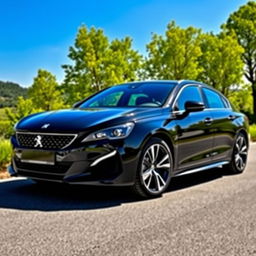 A stunning black 2018 Peugeot 508 GT, parked on a scenic road with lush greenery in the background