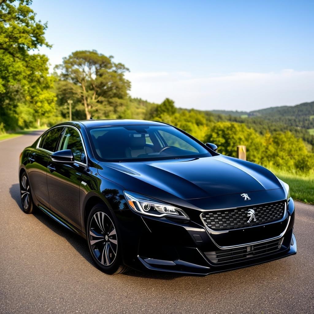 A stunning black 2018 Peugeot 508 GT, parked on a scenic road with lush greenery in the background