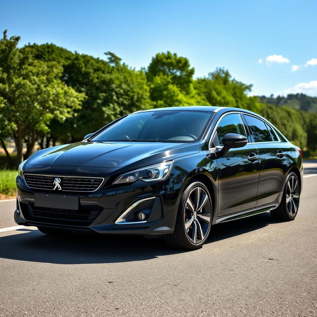 A stunning black 2018 Peugeot 508 GT, parked on a scenic road with lush greenery in the background