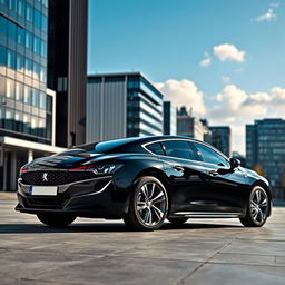 A sleek black 2020 Peugeot 508 GT parked in a modern urban environment
