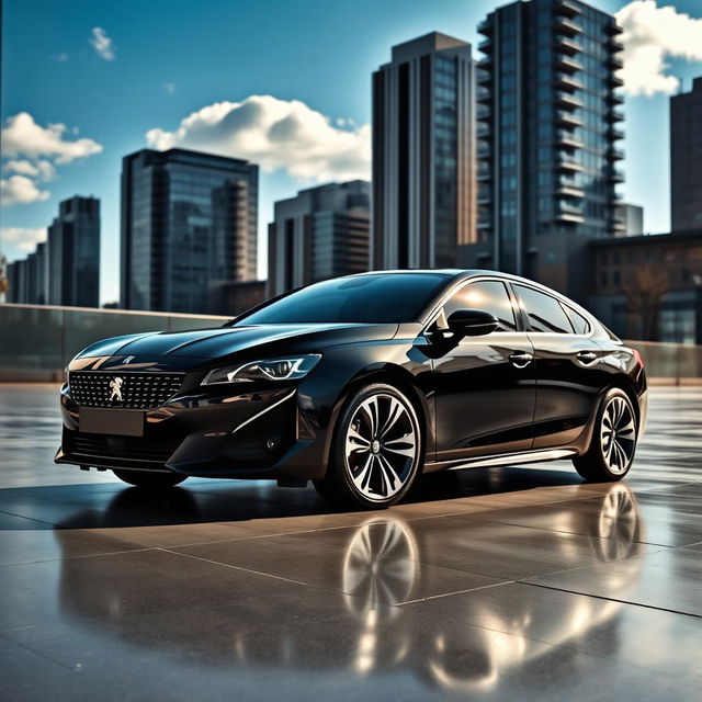 A sleek black 2020 Peugeot 508 GT parked in a modern urban environment