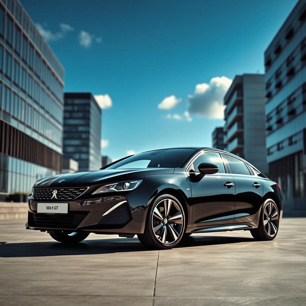 A sleek black 2020 Peugeot 508 GT parked in a modern urban environment