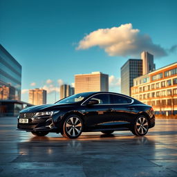 A sleek black 2020 Peugeot 508 GT parked in a modern urban environment