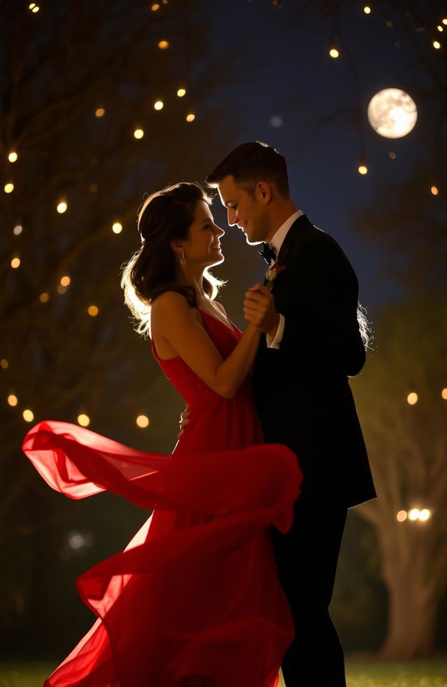 A couple sharing an intimate and romantic last dance under a starlit sky, surrounded by soft fairy lights hanging from trees