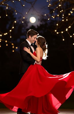 A couple sharing an intimate and romantic last dance under a starlit sky, surrounded by soft fairy lights hanging from trees