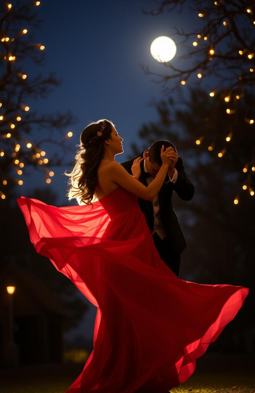 A couple sharing an intimate and romantic last dance under a starlit sky, surrounded by soft fairy lights hanging from trees