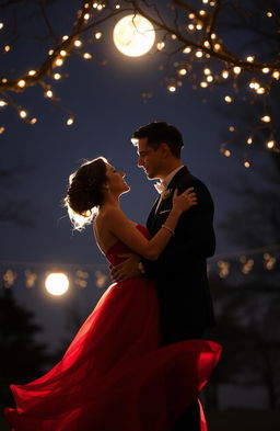 A couple sharing an intimate and romantic last dance under a starlit sky, surrounded by soft fairy lights hanging from trees