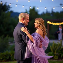 A couple sharing a heartfelt last dance in a picturesque outdoor setting, illuminated by the soft glow of sunset