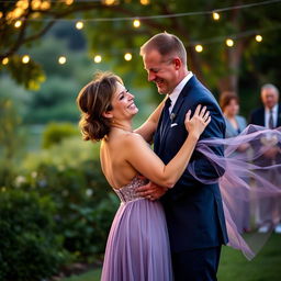 A couple sharing a heartfelt last dance in a picturesque outdoor setting, illuminated by the soft glow of sunset