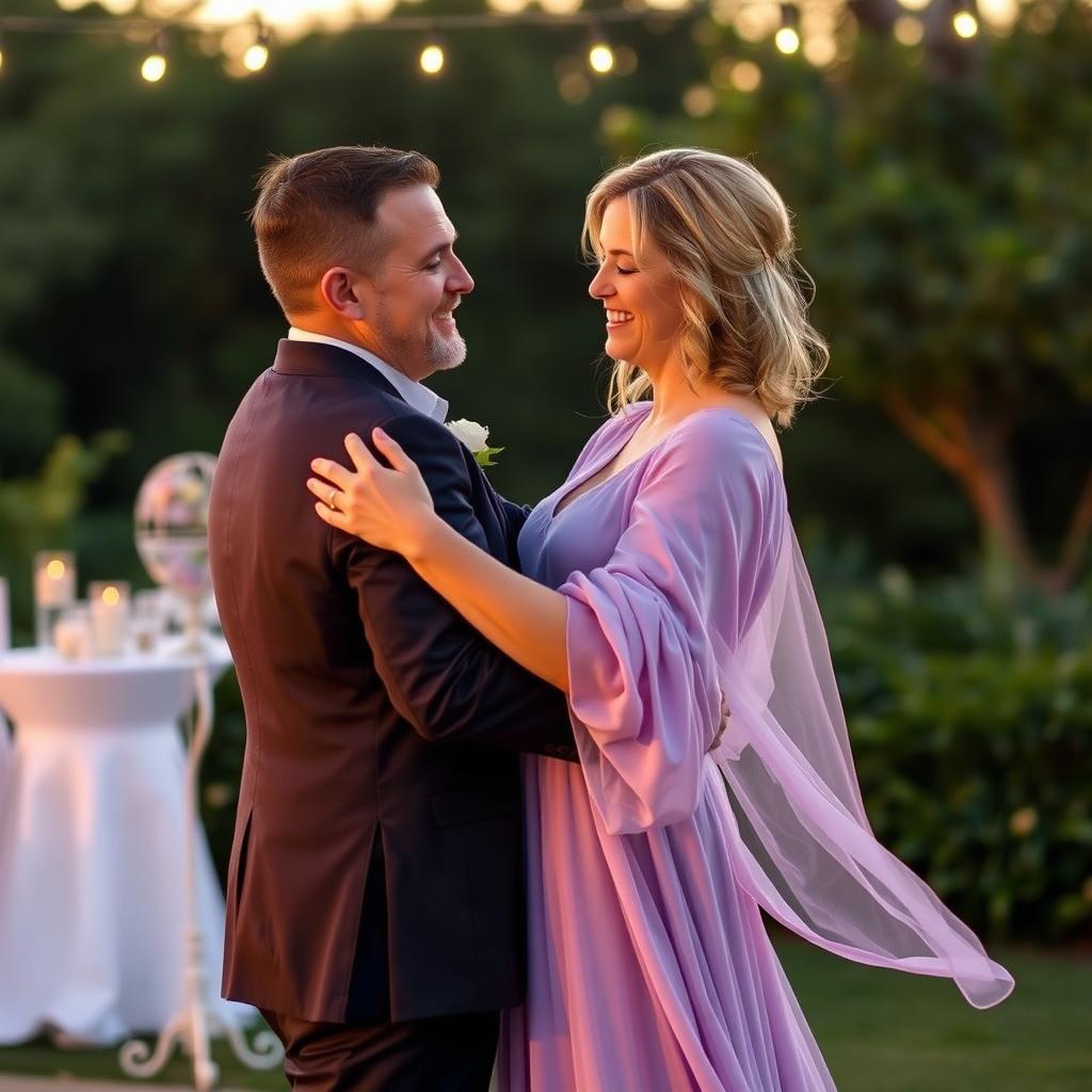 A couple sharing a heartfelt last dance in a picturesque outdoor setting, illuminated by the soft glow of sunset