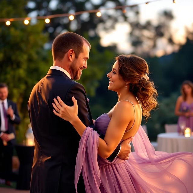 A couple sharing a heartfelt last dance in a picturesque outdoor setting, illuminated by the soft glow of sunset