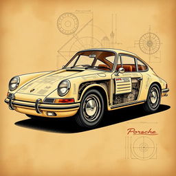 A beautifully detailed poster of a classic Porsche 911, designed in the style of Leonardo da Vinci