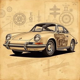 A beautifully detailed poster of a classic Porsche 911, designed in the style of Leonardo da Vinci