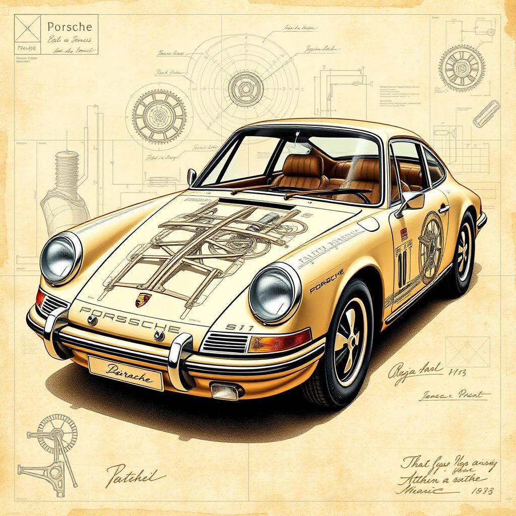 A beautifully detailed poster of a classic Porsche 911, designed in the style of Leonardo da Vinci