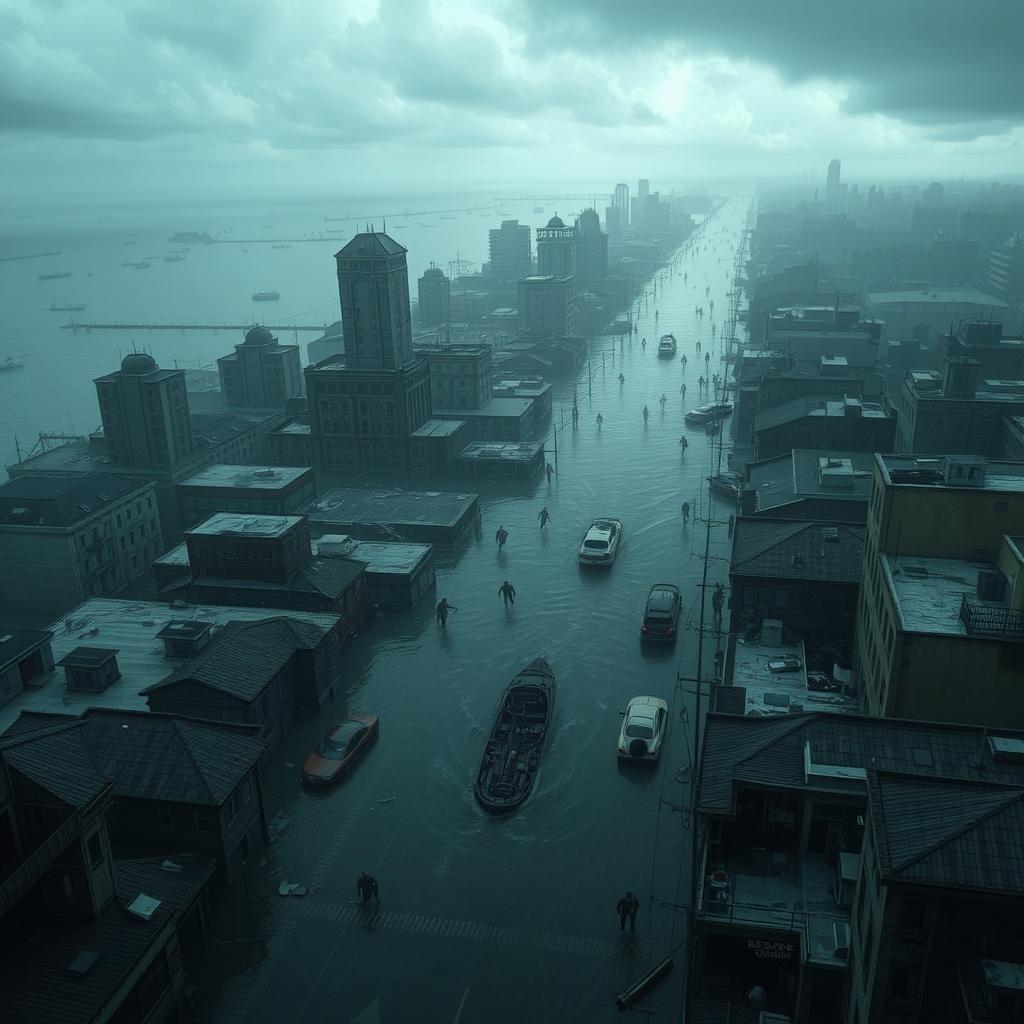 A coastal city partially submerged after a catastrophic flood, featuring flooded streets and collapsed buildings creating a haunting scene