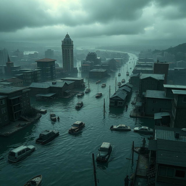 A coastal city partially submerged after a catastrophic flood, featuring flooded streets and collapsed buildings creating a haunting scene