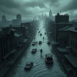 A coastal city partially submerged after a catastrophic flood, featuring flooded streets and collapsed buildings creating a haunting scene