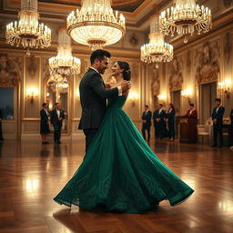 An elegant couple sharing a final dance in a grand ballroom, with exquisite chandeliers glowing overhead