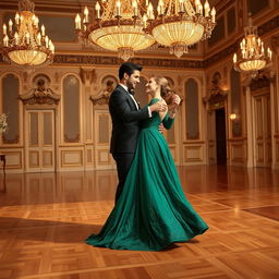 An elegant couple sharing a final dance in a grand ballroom, with exquisite chandeliers glowing overhead