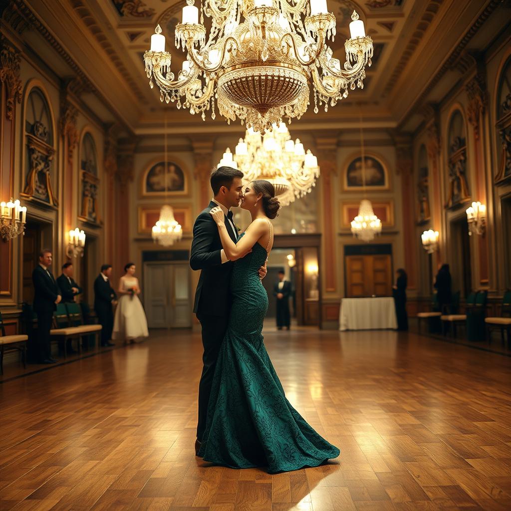 An elegant couple sharing a final dance in a grand ballroom, with exquisite chandeliers glowing overhead