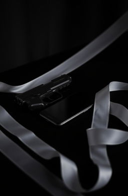 A dramatic still life composition featuring a black table with a hint of white ribbons artistically draped across it