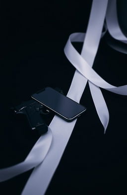 A dramatic still life composition featuring a black table with a hint of white ribbons artistically draped across it