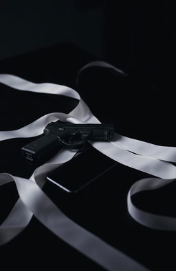 A dramatic still life composition featuring a black table with a hint of white ribbons artistically draped across it