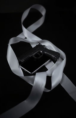 A dramatic still life composition featuring a black table with a hint of white ribbons artistically draped across it