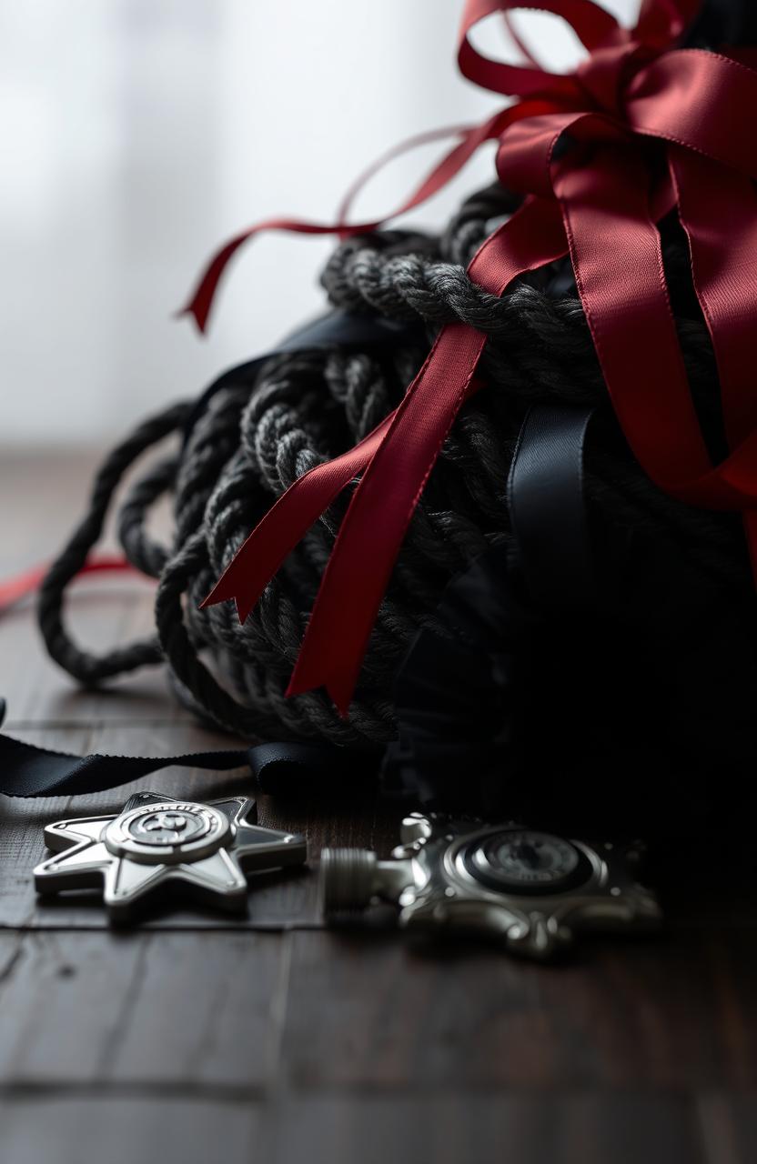 A moody and dramatic still life composition featuring black ribbons and a hint of red ribbons intricately arranged with thick rope