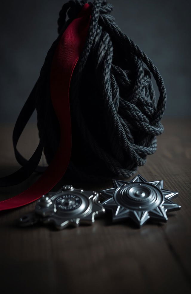 A moody and dramatic still life composition featuring black ribbons and a hint of red ribbons intricately arranged with thick rope