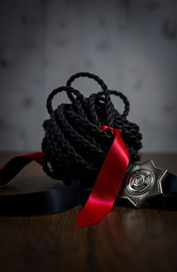 A moody and dramatic still life composition featuring black ribbons and a hint of red ribbons intricately arranged with thick rope