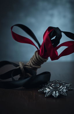 A moody and dramatic still life composition featuring black ribbons and a hint of red ribbons intricately arranged with thick rope