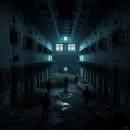 An abandoned prison complex, showcasing eerie aspects of decay and neglect